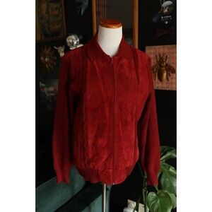 Vintage 80s 90s City Splits Red Burgundy Leather Suede Knit Zip Up Jacket